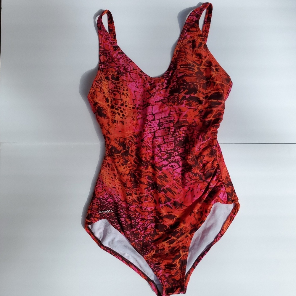 Speedo One Piece Lined Pink Orange Swimsuit Sz 14